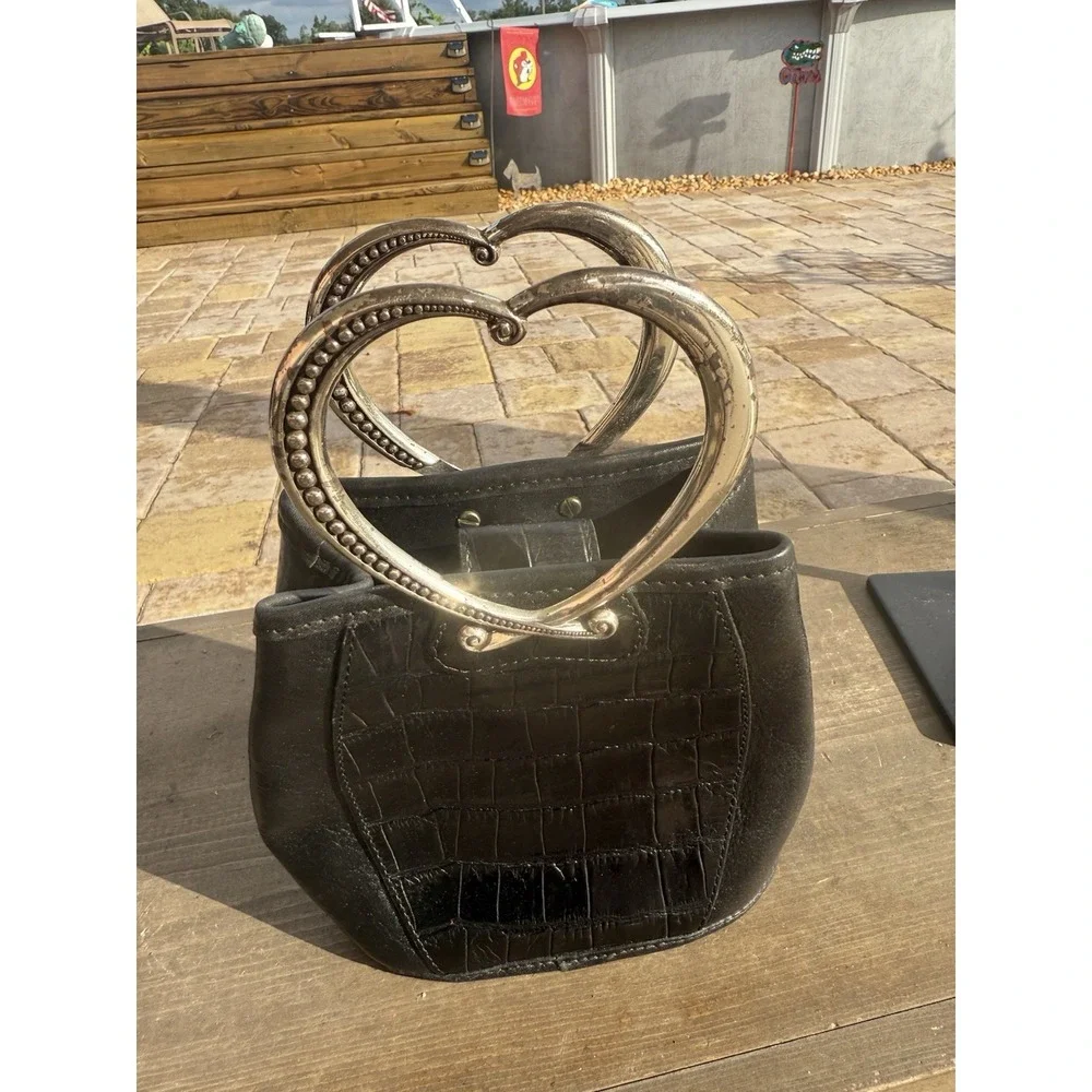 Brighton Corazon Black Croc Heart Handles Leather Bucket Handles Bag